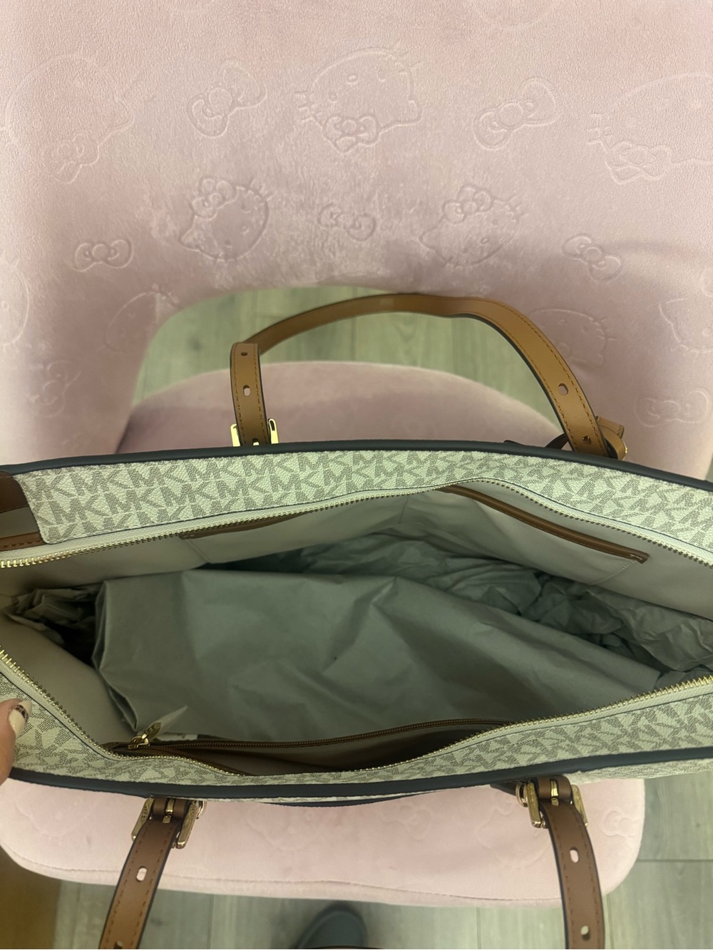 Michael Kors Beige Signature Tote with Brown Trim and Gold Charm - Picture 3 of 6